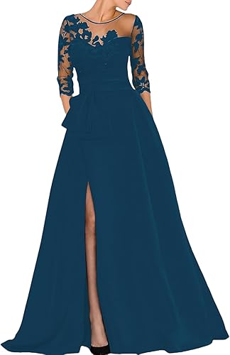 Luolandi A-Line Elegant Wedding Guest Dress Court Train Jewel Neck 3/4 Sleeve Evening Dress with Beading Slit Appliques Mother of the Bride Dress